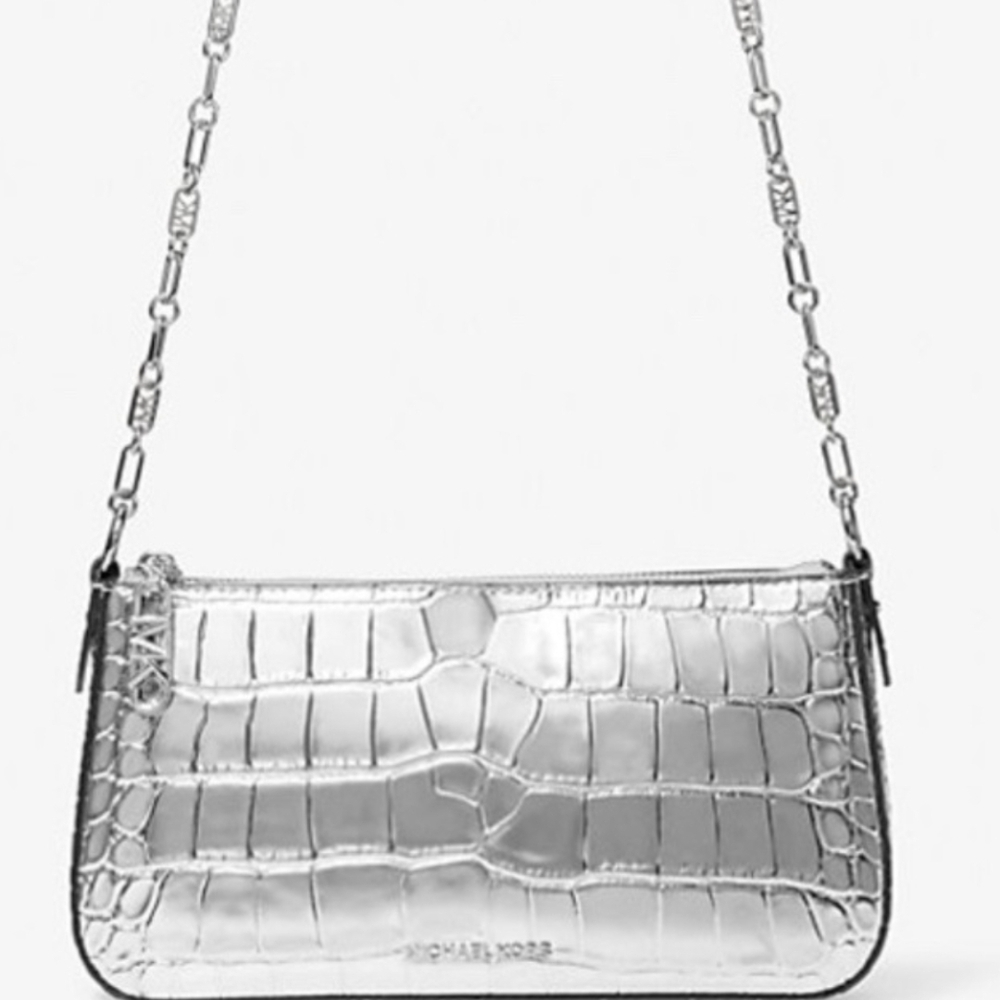 Michael Kors Silver Crossbody Bag with Croc-Embossed Design